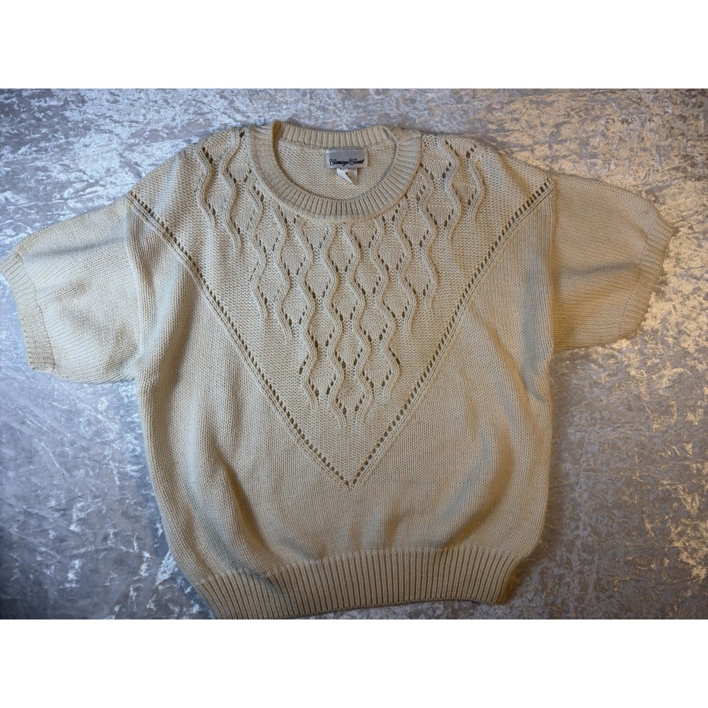 Carriage Court Sweater Women L Cream 100% Cotton Cable Knit Vintage USA Made